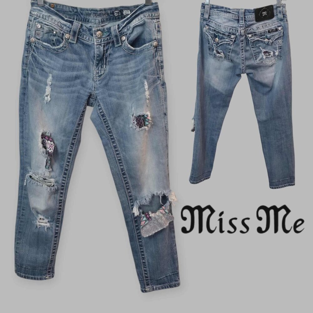 Miss Me Distressed Ripped Patchwork Cropped Ankle Skinny Blue Jeans Womens 28
